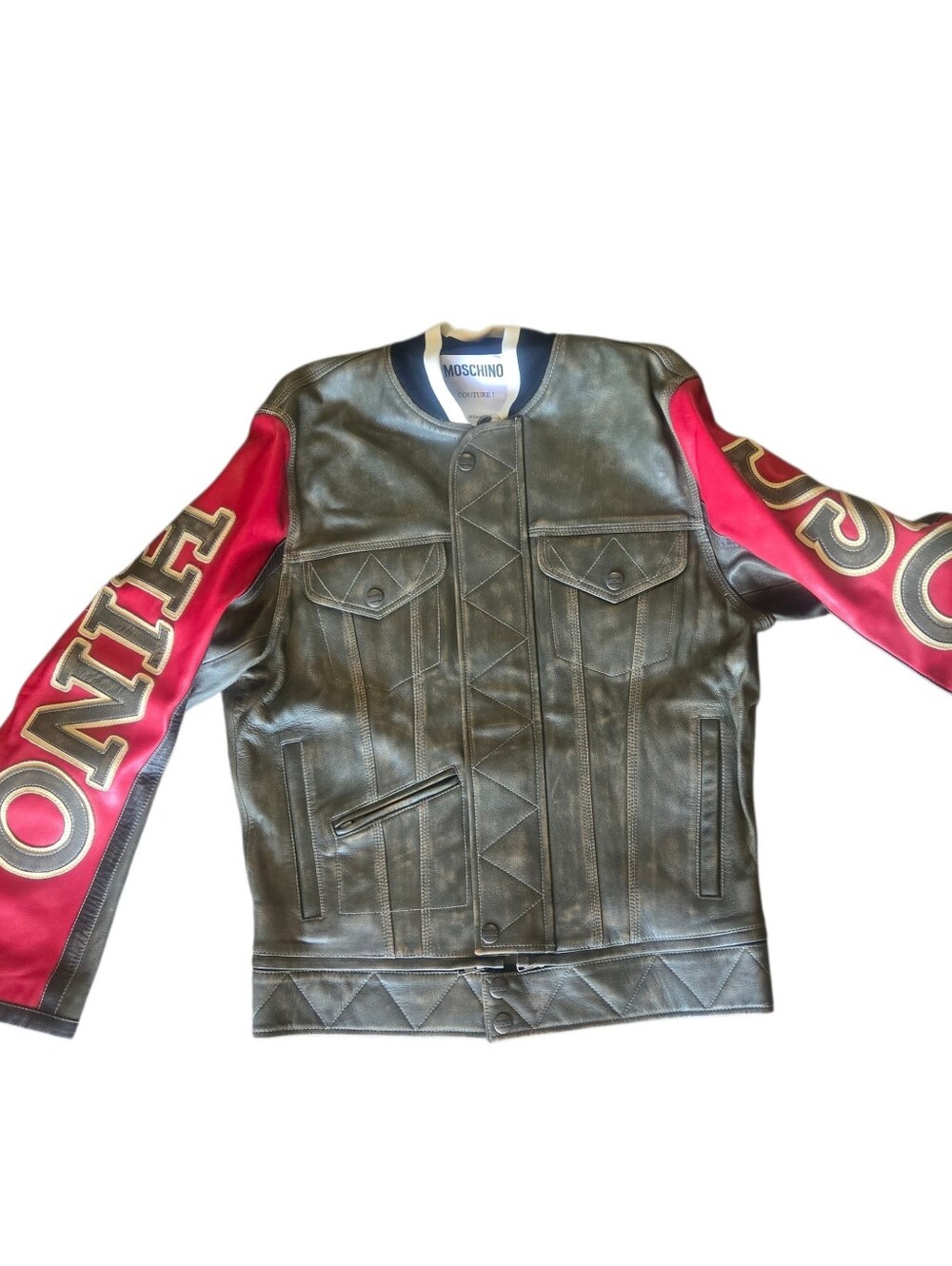 NWT Moschino Couture Paneled Leather Varsity Bomber Jacket Green/Red Size 50 - Picture 4 of 16